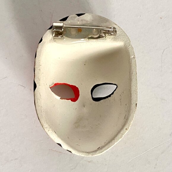 Mardi Gras Mask Hand Painted Ceramic Pin Brooch With Gold Red Floral Accents - Picture 2 of 4